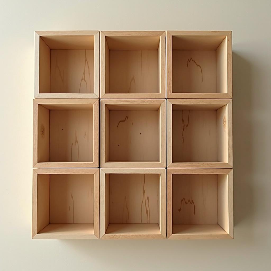 The image shows a grid of nine wooden boxes arranged in a three-by-three layout. Each box has a clean finish with visible wood grain patterns. The boxes are empty, highlighting their minimalist design. Soft, natural light illuminates the surface, enhancing the warm tones of the wood. This simple yet stylish design could serve various purposes in home decor or storage.