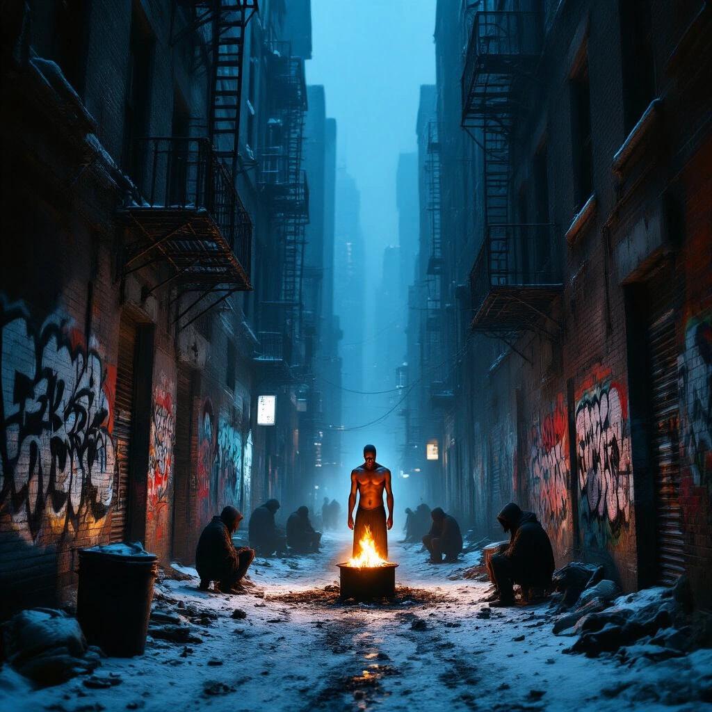 A hyper-realistic urban horror scene in a narrow snow-covered alley at night. Tall skyscrapers tower overhead casting blue shadows. Graffiti covers the walls. Homeless figures are around a barrel fire. A mysterious shirtless man stands still against the wall, partially illuminated by the fire's glow. The atmosphere feels eerie and supernatural, like time has frozen. The style is gritty and cinematic, evoking themes of isolation and urban decay.