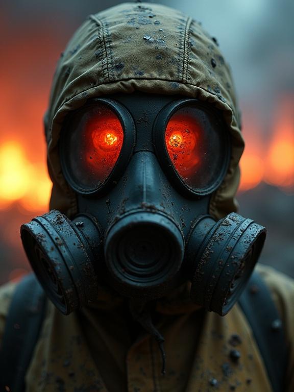 Close-up of a man in a Soviet-era hazmat suit with a gas mask. The mask is cracked and stained. Ash and debris cling to it. The lenses reflect flames with a vibrant glow. Dark lighting creates deep contrasts and an ominous presence. Smoke curls around the figure. A chaotic burning city is visible in the background.