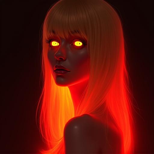 A digital illustration of a glowing portrait of a woman with long blonde hair and yellow eyes. She has a pale complexion and serious expression. Set against a dark background with a red glow. Red glow highlights features and skin texture. High contrast between bright red and black tones.