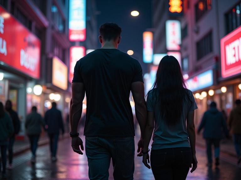 Large man with muscular build in casual clothing follows a girl at night. Neon lights illuminate city street. Pedestrians pass by, creating an urban backdrop. Cinematic atmosphere with surreal colors suggests a sense of loneliness.