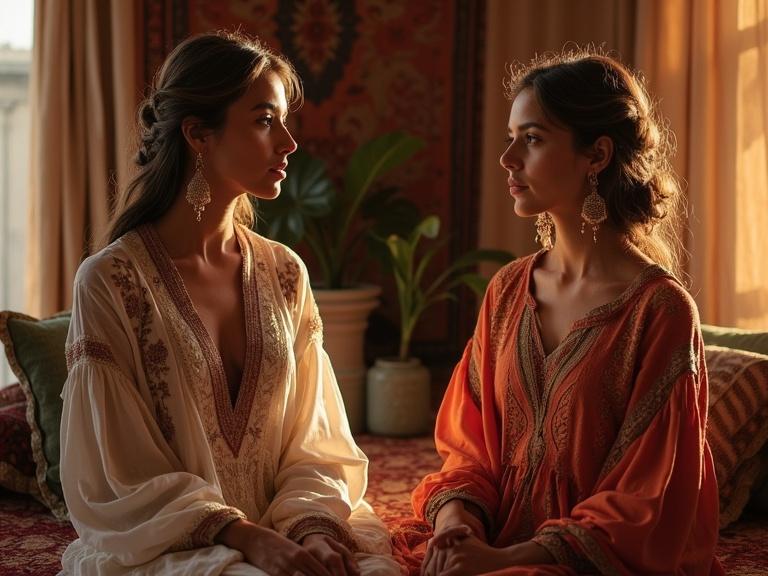Two women wearing traditional Moroccan garments sit together in a serene interior. Rich textiles and warm tones surround them. A sense of cultural elegance and harmony is present. Delicate light highlights intricate patterns on their garments.