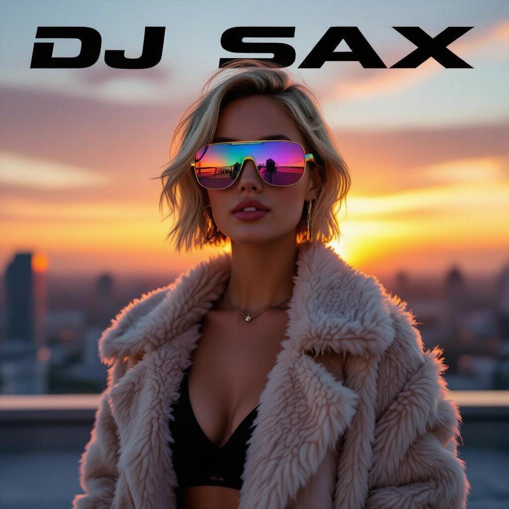 Album cover featuring a cute blonde woman with short hair wearing futuristic sunglasses. Half open fluffy jacket. Standing in silhouette against a colorful sunset on a rooftop glass penthouse suite. Text DJ SAX prominent.