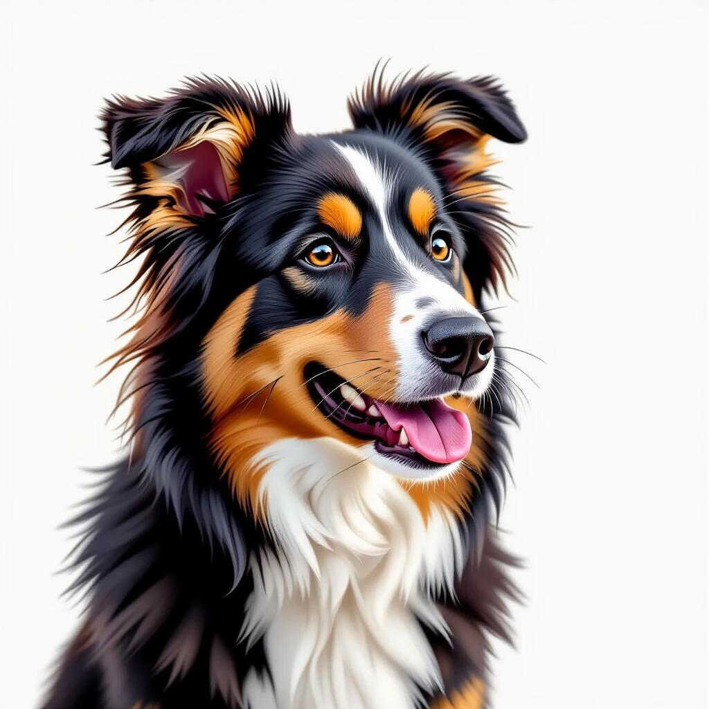 A detailed illustration of a dog with a bright smile and expressive eyes. The dog has a fluffy coat with orange and black markings. The background is a soft, neutral color to emphasize the dog's features.
