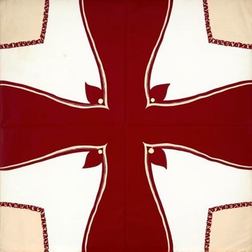 Burgundian flag features Saint Andrew's cross. Cross has blade-like shape. Two sharp angles two obtuse angles. Knots represent cut branches. Rich burgundy and cream colors stand out.