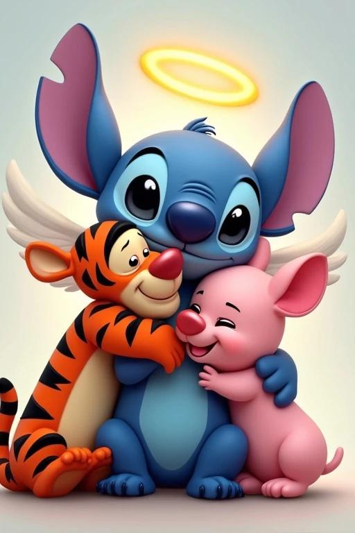 Stitch has a halo and angel wings. Stitch is being hugged by Tigger and Piglet. Stitch is blue with large ears. Tigger is orange with black stripes. Piglet is pink. Tigger and Piglet are hugging Stitch. Stitch is in the centre of the image.
