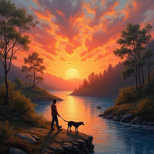 Surreal landscape showcasing a person walking a dog by a river. Vivid sunset colors dominate the sky. Rich textures created using oil paints. The atmosphere evokes deep emotions. Elements of nature present along a tranquil scene.