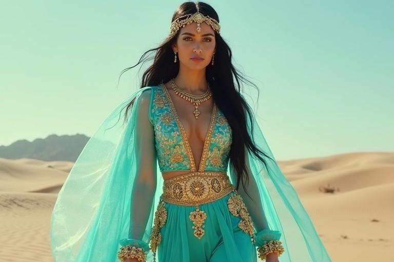 A tall woman in a turquoise Arabian princess outfit stands in the desert. The outfit features gold embroidery and sheer overlay pants. Her long black hair shines in the sunlight. She has a deep V-neckline bordered with gold details. She wears a jeweled headpiece. Ahead, a magical wall of water floats. Expression shows mesmerization.