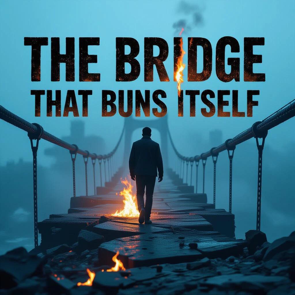 Movie poster for THE BRIDGE THAT BURNS ITSELF. Title in charred slab serif font. Riz Ahmed walks on a crumbling bridge with flames beneath him. Cold blue haze above creates dramatic atmosphere. High resolution with dynamic contrast and floating ash effects.