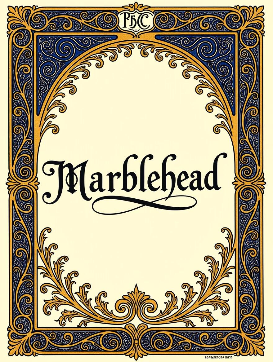 An ornate Art Nouveau card features the word Marblehead in elegant calligraphy. The card has a rich color palette of dark blue and gold. The design includes intricate decorative elements surrounding the text.