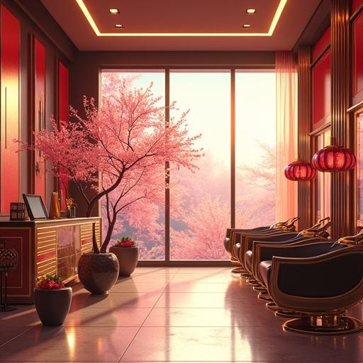 Modern luxurious salon interior showcasing oversized design elements with cherry blossom decorations. Warm morning light illuminates the space. Interiors decorated in light gold and onyx black tones. Futuristic look inspired by anime.