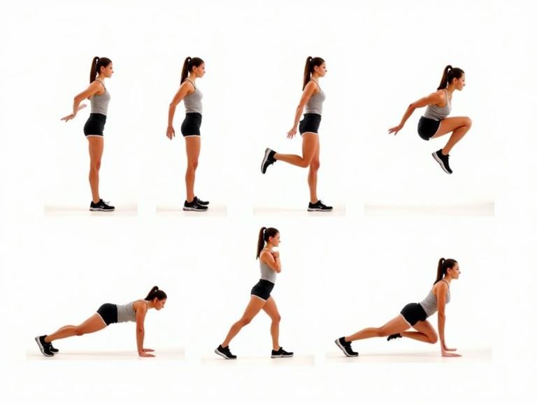 Collage of popular HIIT moves shown in different positions. Woman performs exercises like burpees and mountain climbers. Exercises are jump squats and push-ups included. High knees demonstrated as well. Multiple angles presented in a clean layout.