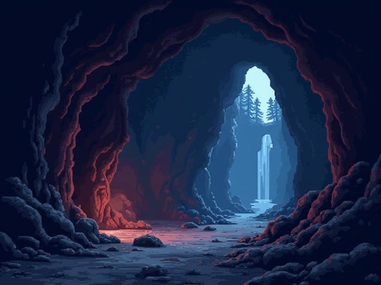 A huge cave with two levels. Tunnel entrance and two tunnels leading deeper. Pixel art style with vivid colors. Waterfall visible in the background. Shadows and light effects creating depth and ambiance.