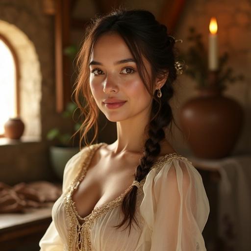 A beautiful woman wearing a medieval fantasy gown in a candlelit stone cottage. She has porcelain-like skin with a soft glow. The gown features sheer silk layers embroidered with gold. The setting includes rustic wooden beams and clay pots.