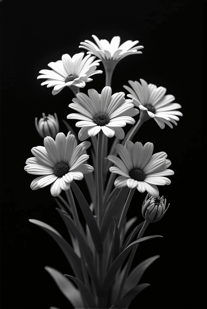 A black and white image features a bouquet of daisy-like flowers with detailed petals.