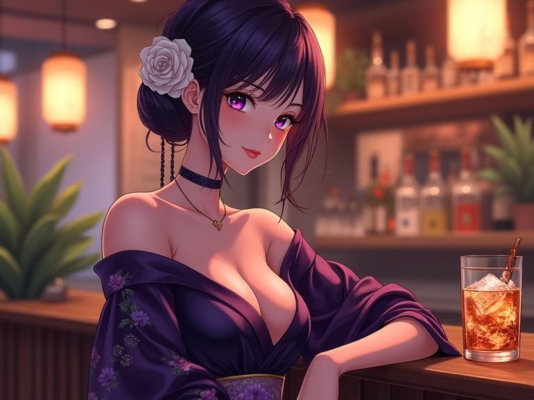 Beautiful anime woman with dark purple hair styled elegantly. Adorned with a white rose. Soft violet eyes and gentle confident smile. Wears glossy dark purple kimono with floral patterns. Off-shoulder design with wide sleeves. Seated at wooden bar counter. Holds cocktail glass filled with amber liquid and ice. Surrounded by softly lit lounge with warm bokeh lighting. Hanging lanterns and indoor plants in background. Calm romantic luxurious atmosphere. Cinematic lighting ultra-detailed high-resolution anime realism 4K.