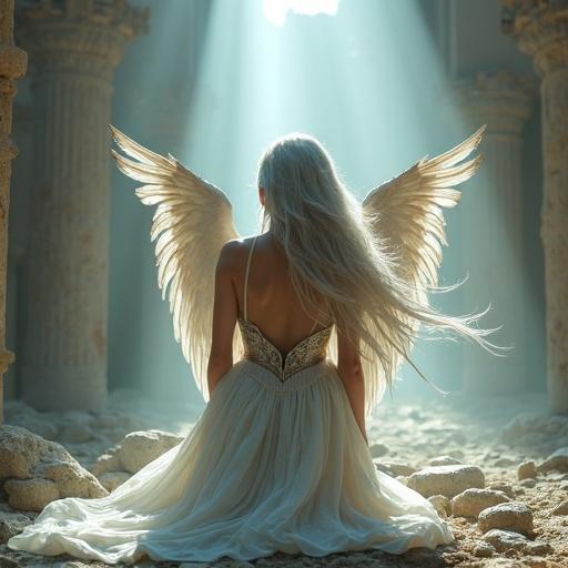 A fallen angel kneels in ancient temple ruins. Flawless porcelain skin and determined eyes. Long silver hair flows in the wind. Bare back, faint ghostly wings shimmer behind. Wearing medieval-style gown with armor details. Strong pose radiates inner strength. Ethereal light creates a powerful atmosphere.