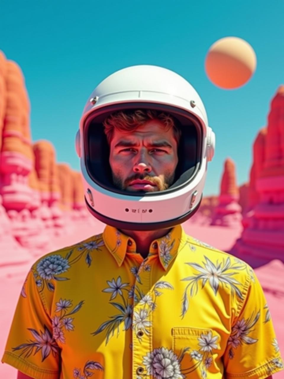 A man wearing a floral yellow shirt and an astronaut helmet stands in a vividly colored desert landscape. The background features surreal orange rock formations and a clear blue sky with a floating sphere, creating a blend of futuristic and tropical vibes. The scene evokes a sense of wanderlust and adventure with its striking color contrasts and imaginative elements.