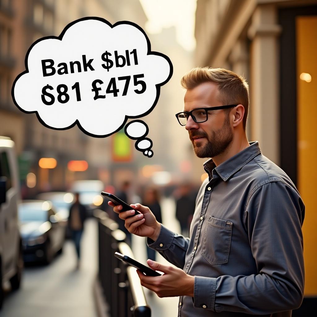 Man in a city holding two phones. Speech bubble shows financial information. Outdoor setting with urban background. Handsome man wearing glasses. Soft natural light creates an inviting atmosphere.