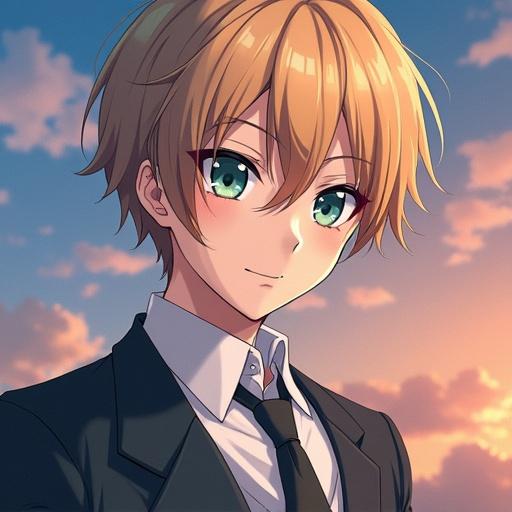 Anime boy in a suit with blond hair and green eyes. Background features a colorful sunset.