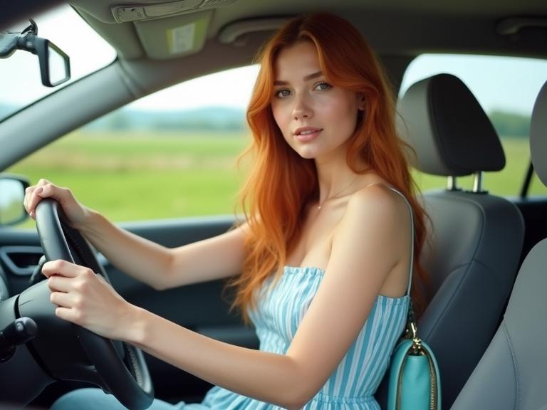 A young woman with ginger hair is driving a silver car in the countryside. She looks forward with hands on the steering wheel. She wears a light blue dress and carries a teal bag. The background shows a blurred green landscape. The day is sunny and bright. Her expression is pleasant. The atmosphere feels relaxed and casual. The focus is on the woman in the car.