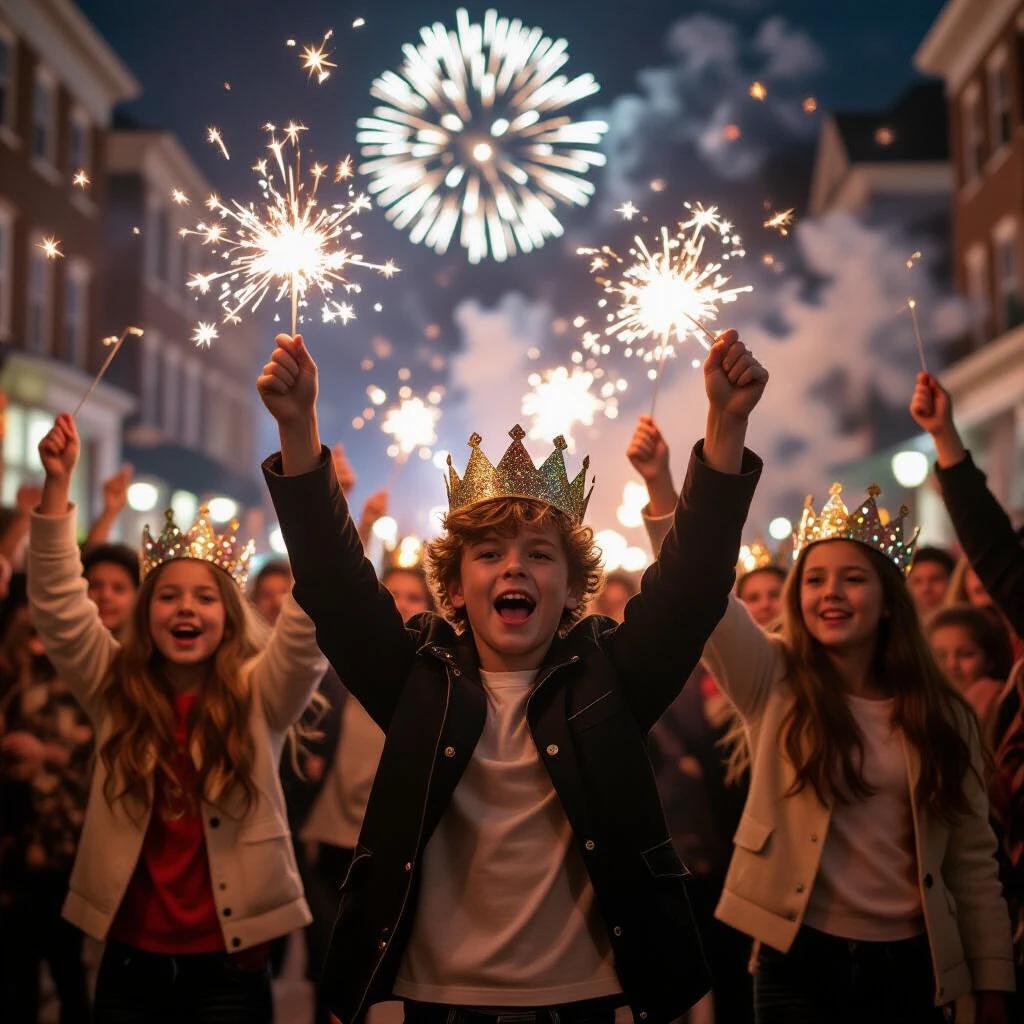 Children celebrate with joy. They wear cardboard crowns and cheer. Fireworks light up the night sky. The atmosphere is festive and energetic. The scene is filled with excitement and happiness.