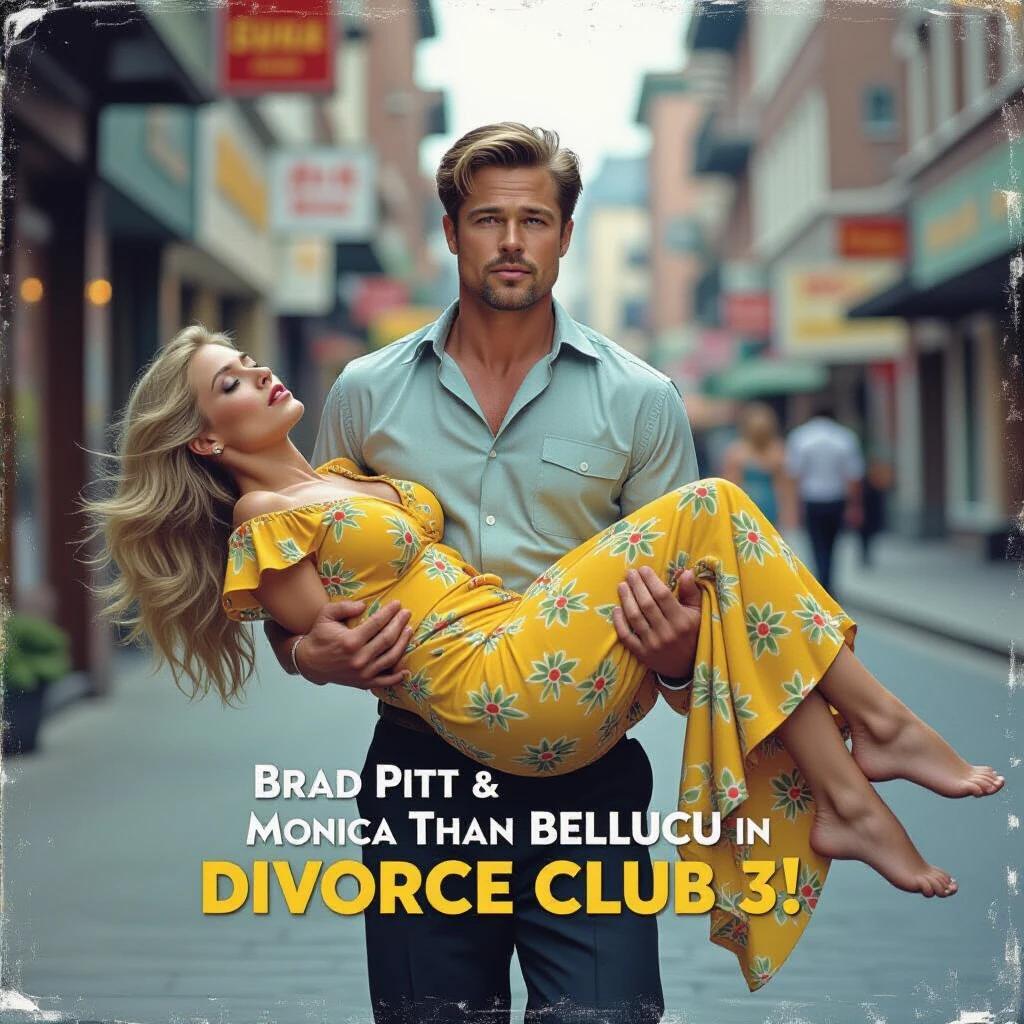 Torn and fading movie poster in Hammer Studios style. Features Brad Pitt as The Husband carrying an unconscious blonde woman in a yellow floral dress. Vibrant colors with a colorful background. Title reads: Brad Pitt & Monica Bellucci in Divorce Club 3! Detailed and photorealistic.