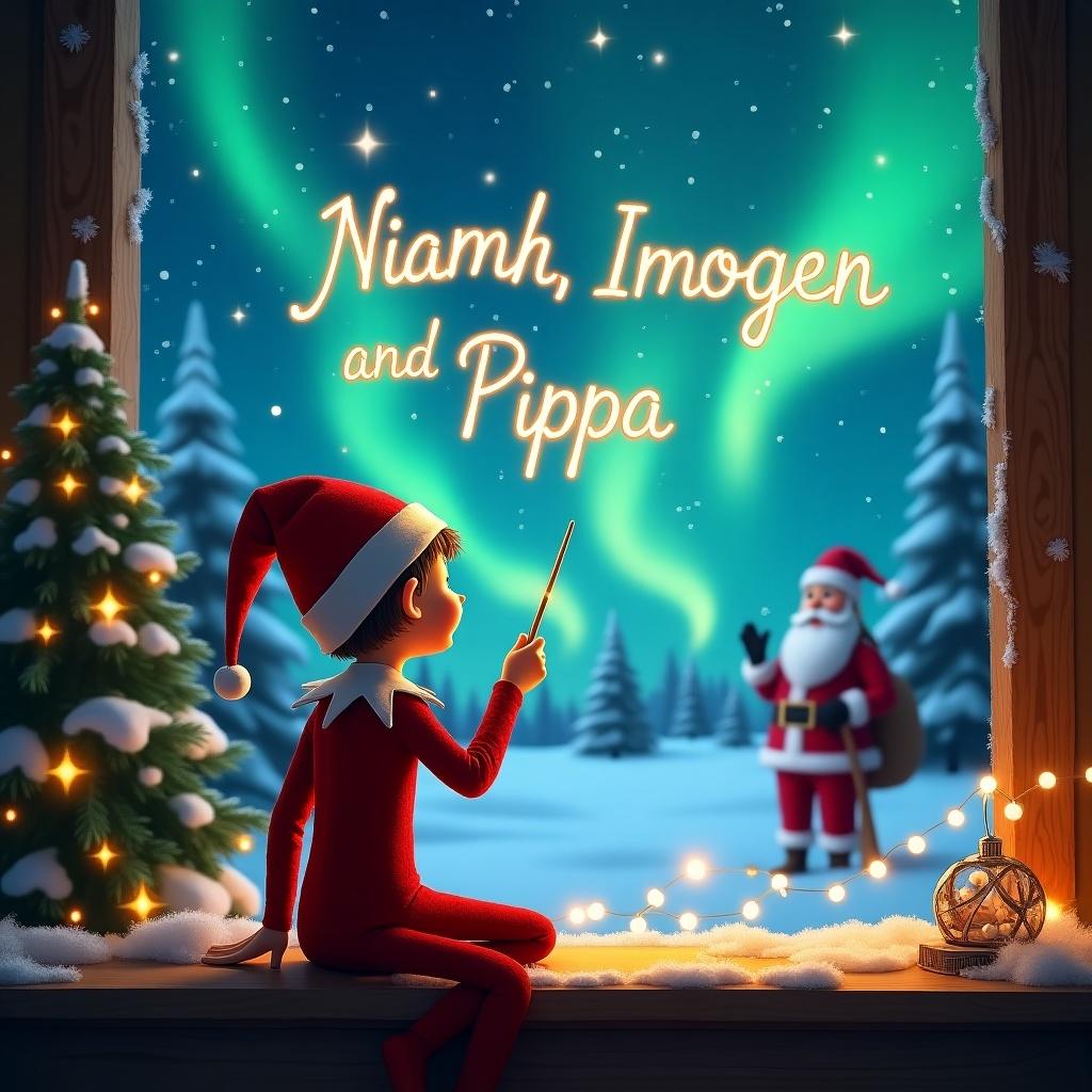 An elf is seated with his back to the viewer, facing a magical sky. He is using a wand to write the names Niamh, Imogen, and Pippa in glowing letters. The background features a snowy landscape illuminated by vibrant northern lights. In the distance, Santa Claus can be seen waving cheerfully. Cozy holiday decorations frame the view from the window, adding to the festive atmosphere. The scene is enchanting and captures the spirit of Christmas beautifully.