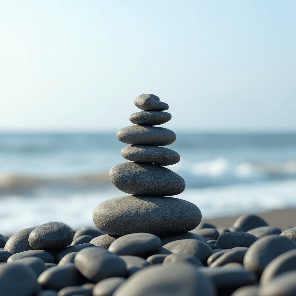 A serene stack of smooth, balanced stones on a pebble beach against a blurred backdrop of calm sea waves.