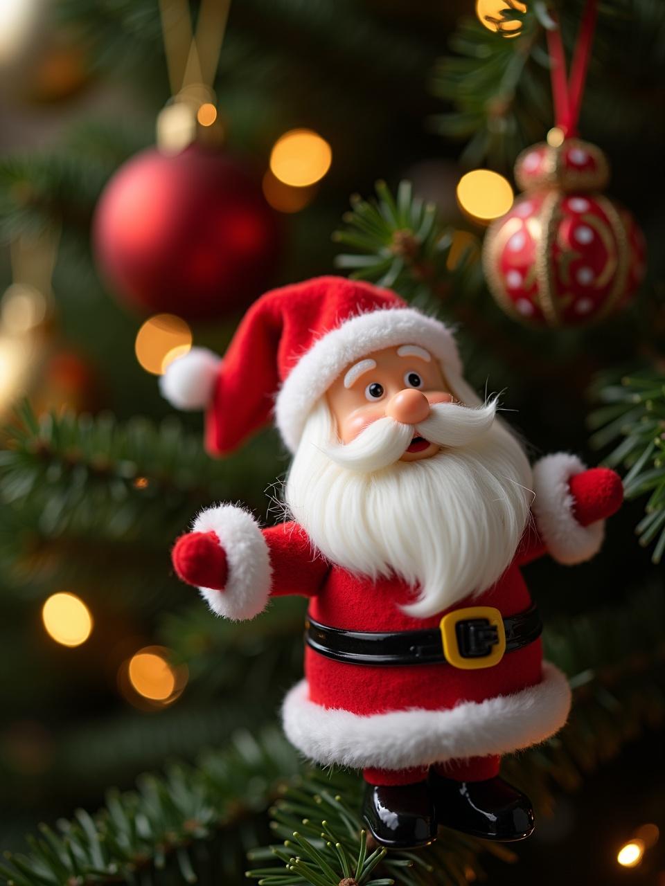 Santa Claus figure prominently displayed in front of a beautifully decorated Christmas tree adorned with lights and ornaments.