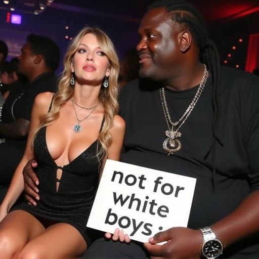 A blonde woman with pigtails sporting a short cutout club dress and a queen of spades pendant sits close to a large rapper. He holds her tightly while displaying a sign that reads 'not for white boys'. She smirks, capturing a candid moment in a nightclub setting.