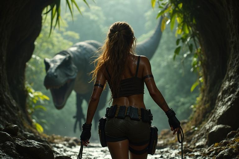 Dramatic wide-angle shot from the jungle’s edge. Lara dives into the cave, mud-splattered and soaked. Golden hair trails behind. She wears a dark brown crop top and tight tactical shorts. Behind her, a massive T-Rex roars in fury. The jungle shakes. The scene captures a moment of narrow escape.