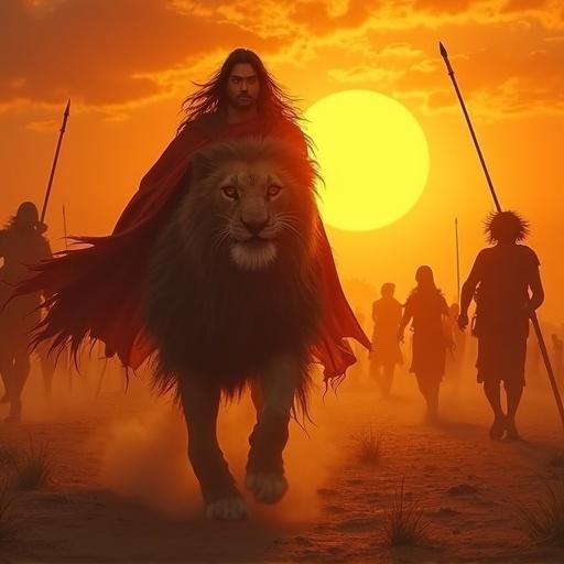 Karna stands confidently on a lion with a fierce expression. The sun sets in the background. Pandava soldiers appear in the distance. The scene conveys power and tension. Karna's eyes glow.