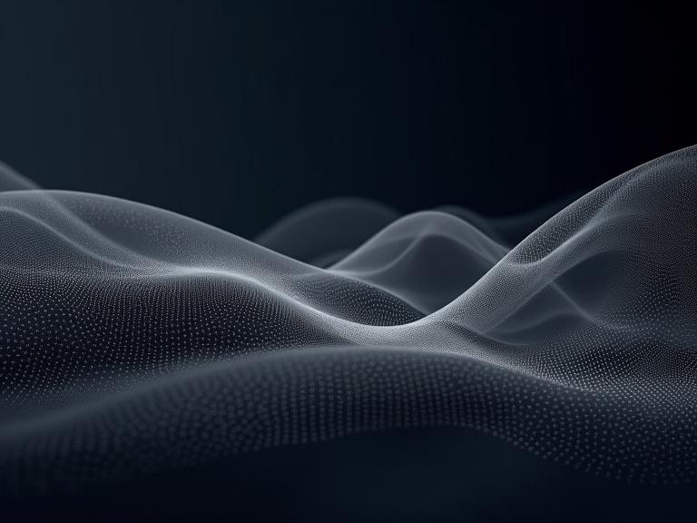 Abstract background with dark gradients. Features soft waves flowing in white and light gray. Design emphasizes depth and fluidity with a minimalist style. Ideal for backgrounds or design elements.