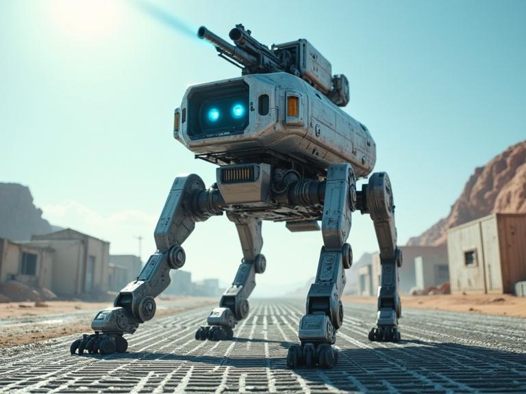 Cinematic scene of a grey 4-legged robot equipped with a gun in a desert setting. The background features silver metal crates and dark silver grates. High detail captures reflections and shadows under bright sunlight.
