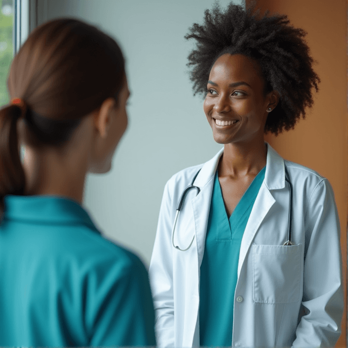 Two medical professionals are smiling and talking with each other.