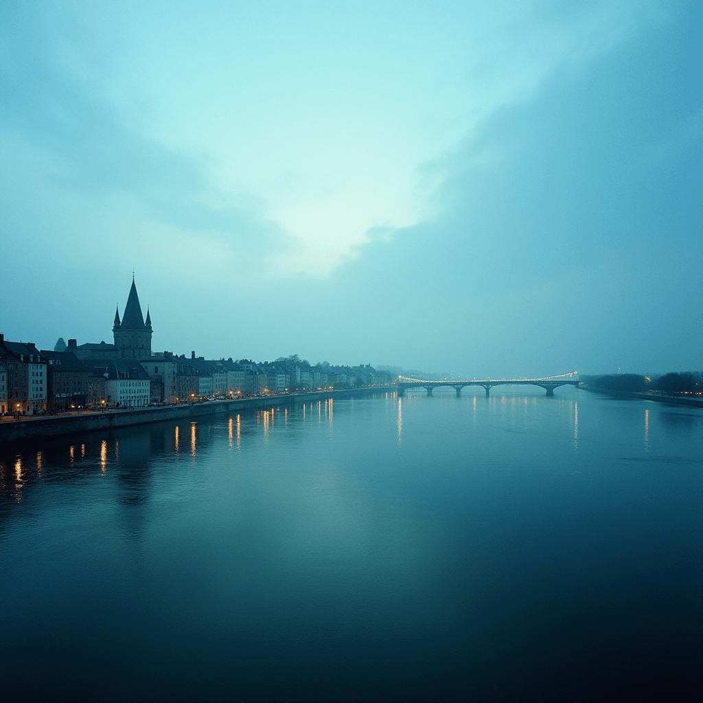 A serene view of a river with soft lighting and a bridge in the distance, under a cloudy twilight sky.