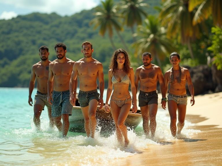 Seven adults stepping off a boat onto a beach. They are diverse in age and ethnicity. Turquoise water laps at their feet. Palm trees and green vegetation are in the background. They show anticipation and curiosity. Lighting is warm and natural. Detailed textures of skin and clothing are visible.