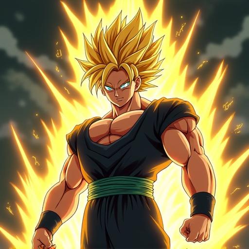 A muscular anime character with spiky golden hair and piercing blue eyes stands in a dynamic pose surrounded by bright yellow lightning. The character has a fierce expression showcasing determination and strength. The background is dark and blurred enhancing the focus on the character. The vibrant colors and sharp contrasts depict an action scene reminiscent of digital art.