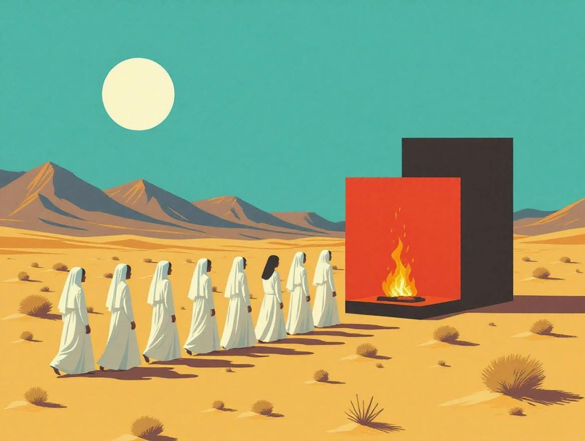 Painting shows procession of women in white dresses moving through desert landscape with a large red square and fire. Image has surreal elements, minimalist style, and evokes mystery.