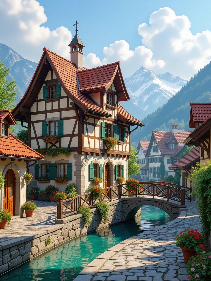 Charming village scene with a picturesque house surrounded by flowers a small canal flowing under a bridge and mountains in the background