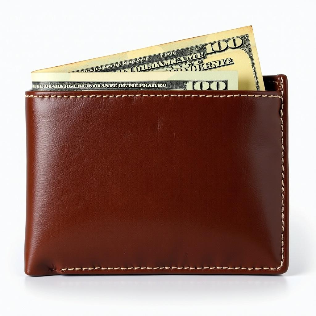 A brown leather wallet. Several US dollar bills are visible inside the wallet. The wallet has a sleek design.