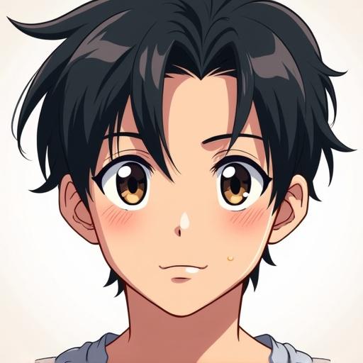 Anime style character portrait. Young male character with expressive eyes. Medium-length messy black hair. Fair skin with blush on cheeks. Confident and calm expression. Defined jawline with subtle shading. Clean line art and soft shading. Vibrant colors. Simple background to emphasize character.
