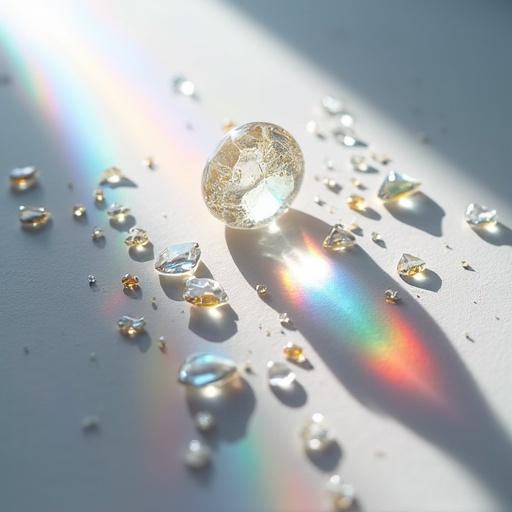 Dynamic scene with white light ray passing through scattered glass prisms on a light surface. Spectrum of colors created. Subtle light intensity bias gives a surreal ambiance. Light gray background highlights the prismatic effect. Top-down view of scattering reflections.