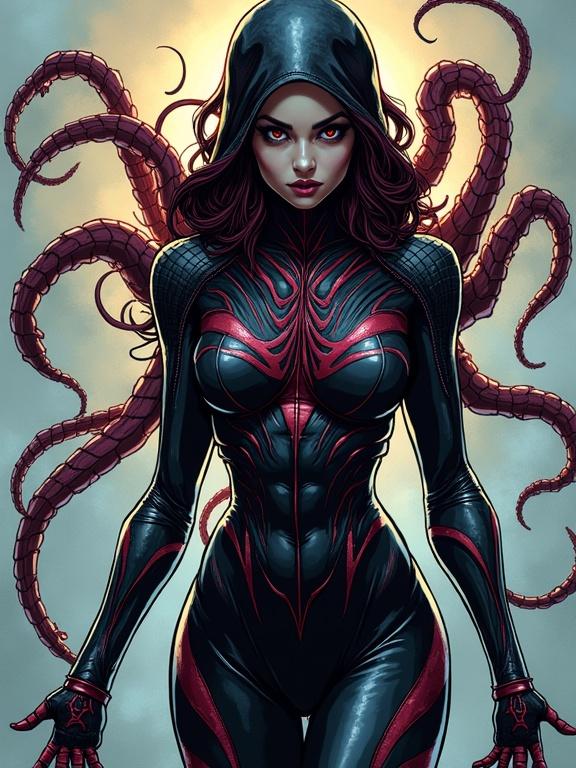 Image depicts a woman in a dark symbiote suit. Suit features tendrils. Art merges gothic aesthetics with vibrant comic colors. Striking blend of human and alien elements.