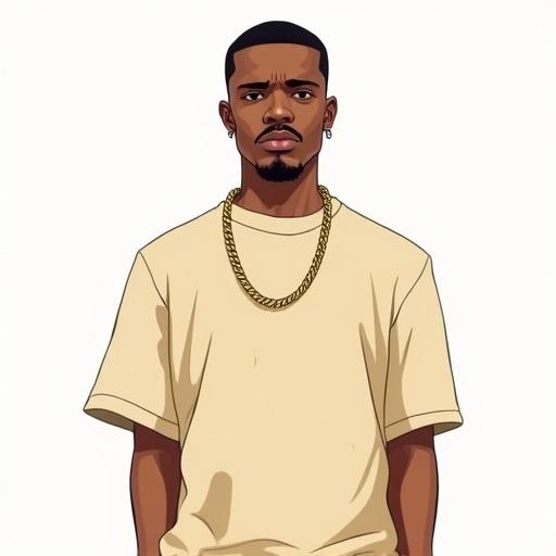 Stylized illustration of a young man in a confident pose. The character is drawn in a video game art style inspired by GTA. The man wears a beige t-shirt and a thick gold necklace. He has a neat haircut and facial hair. Art is bright with clean lines and minimal background.
