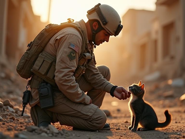 Soldier in Call of Duty-style gear kneels in a semi-destroyed war zone. Soldier gently pets a small cat. Warm sunset casts a soft light over the scene. Emotional moment between human and animal.