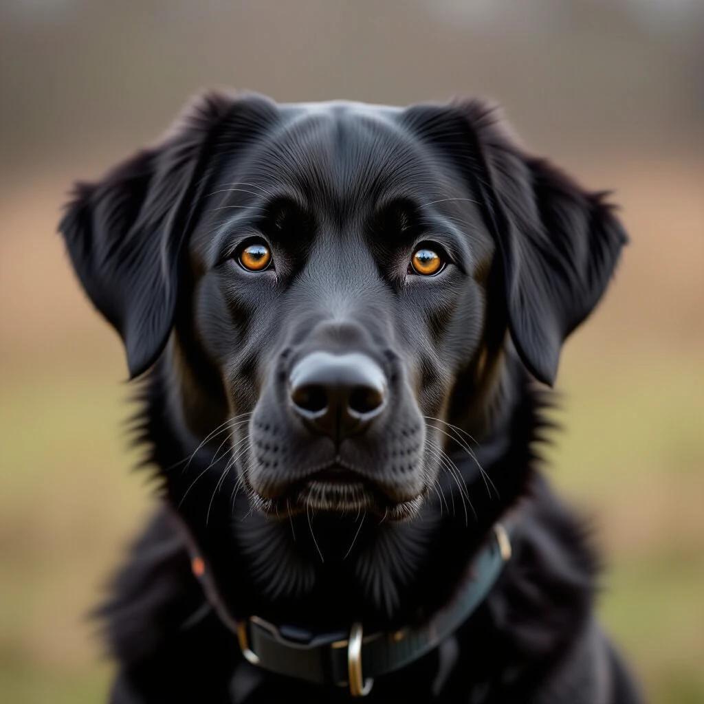 Black dog in a natural setting. The dog has a collar. Background is soft and out of focus. Dog looks attentive.