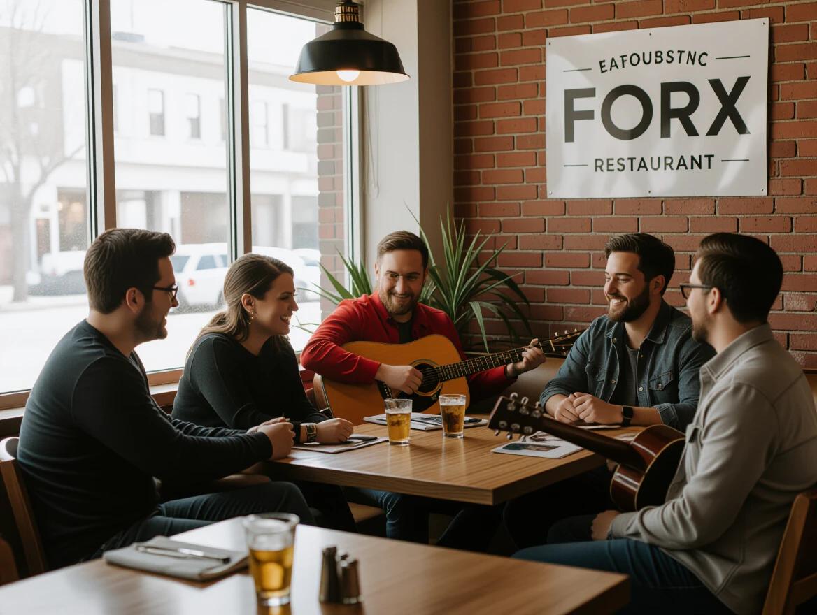 Image features five people in a restaurant sitting at a table. Two men play guitars while others watch and engage. Table has drinks and papers. Restaurant is named FORX.