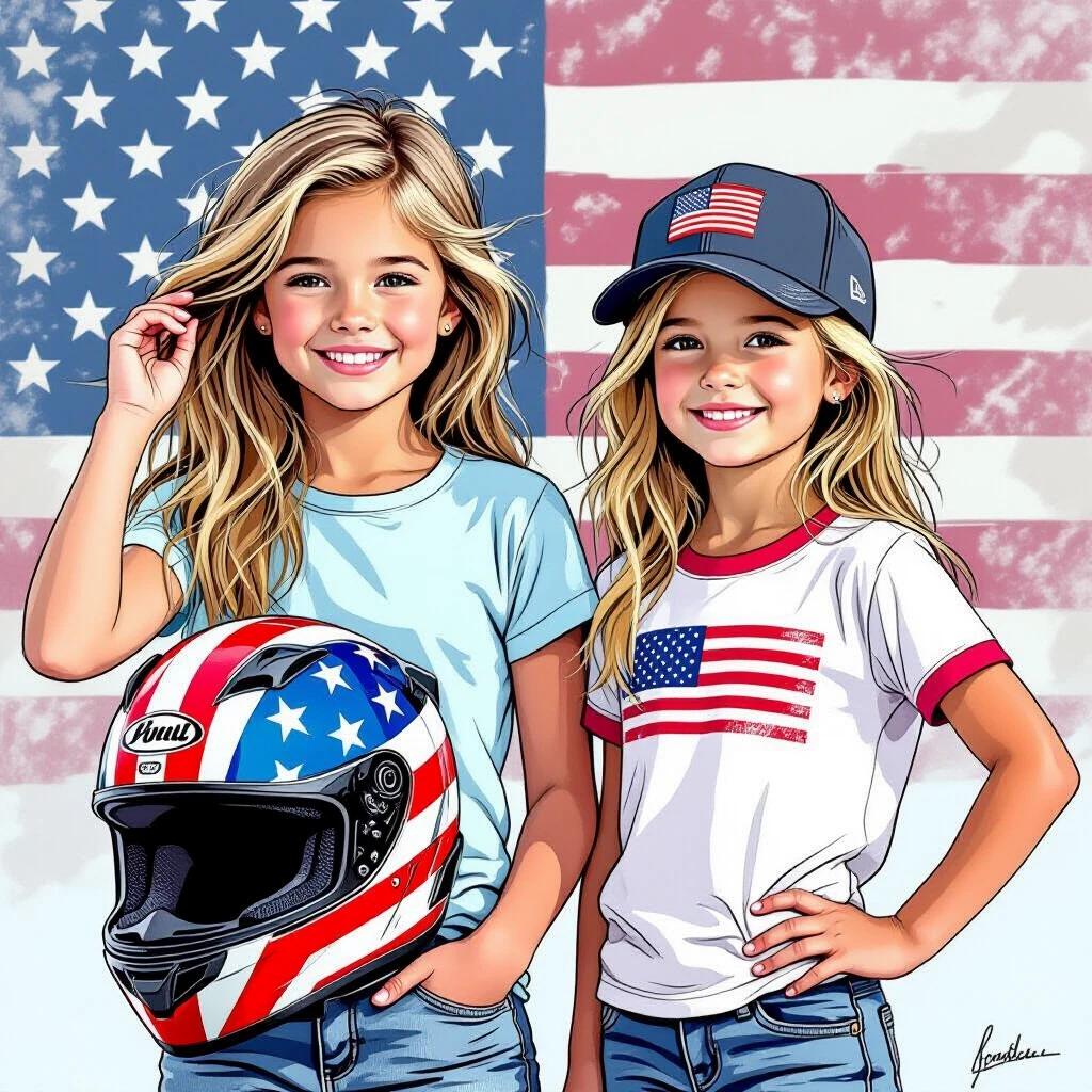 Two girls are standing on a beach. One girl is holding an American flag helmet. The other wears a cap with the American flag. Both girls are dressed casually in white T-shirts and frayed jeans. The background features the American flag. The art style is a blend of comic and photorealistic.